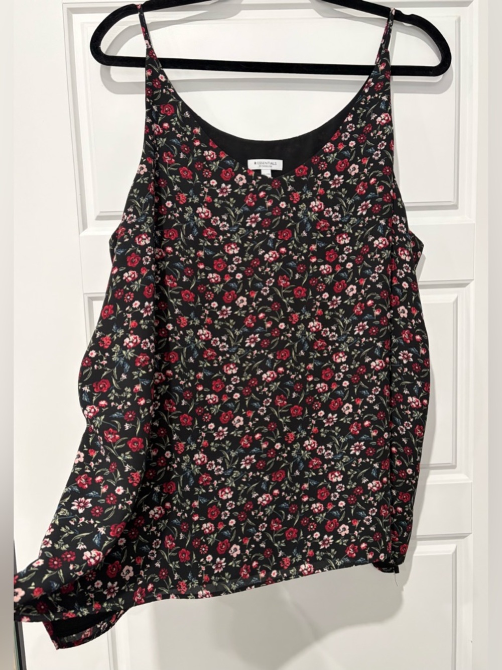 R Essentials Black Floral Camisole with Red and Pink Blooms